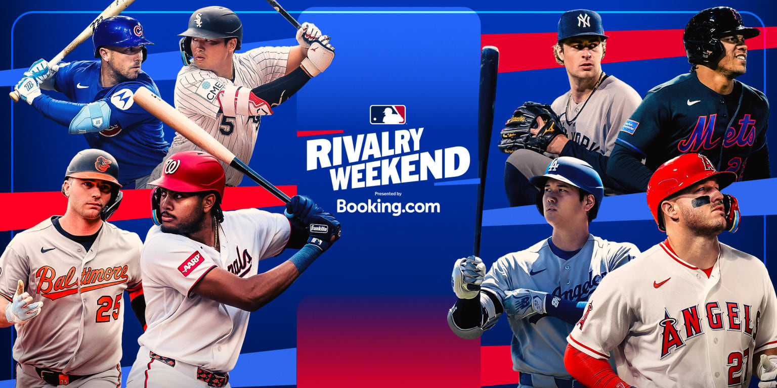 Official logo for MLB's Rivalry Weekend surrounded by various team pennants