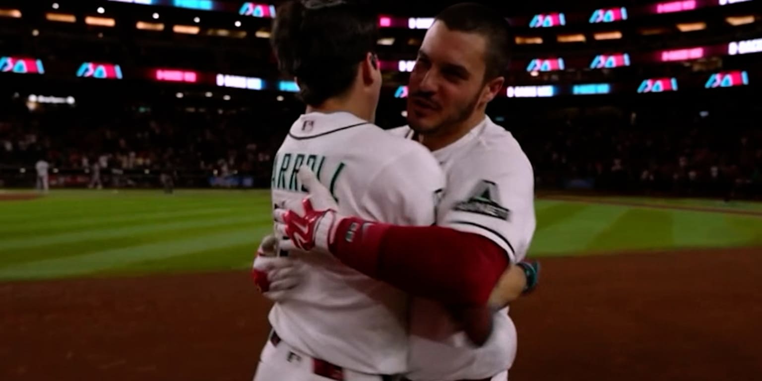 Corbin Carroll celebrates after hitting a walk-off single for the Arizona Diamondbacks.