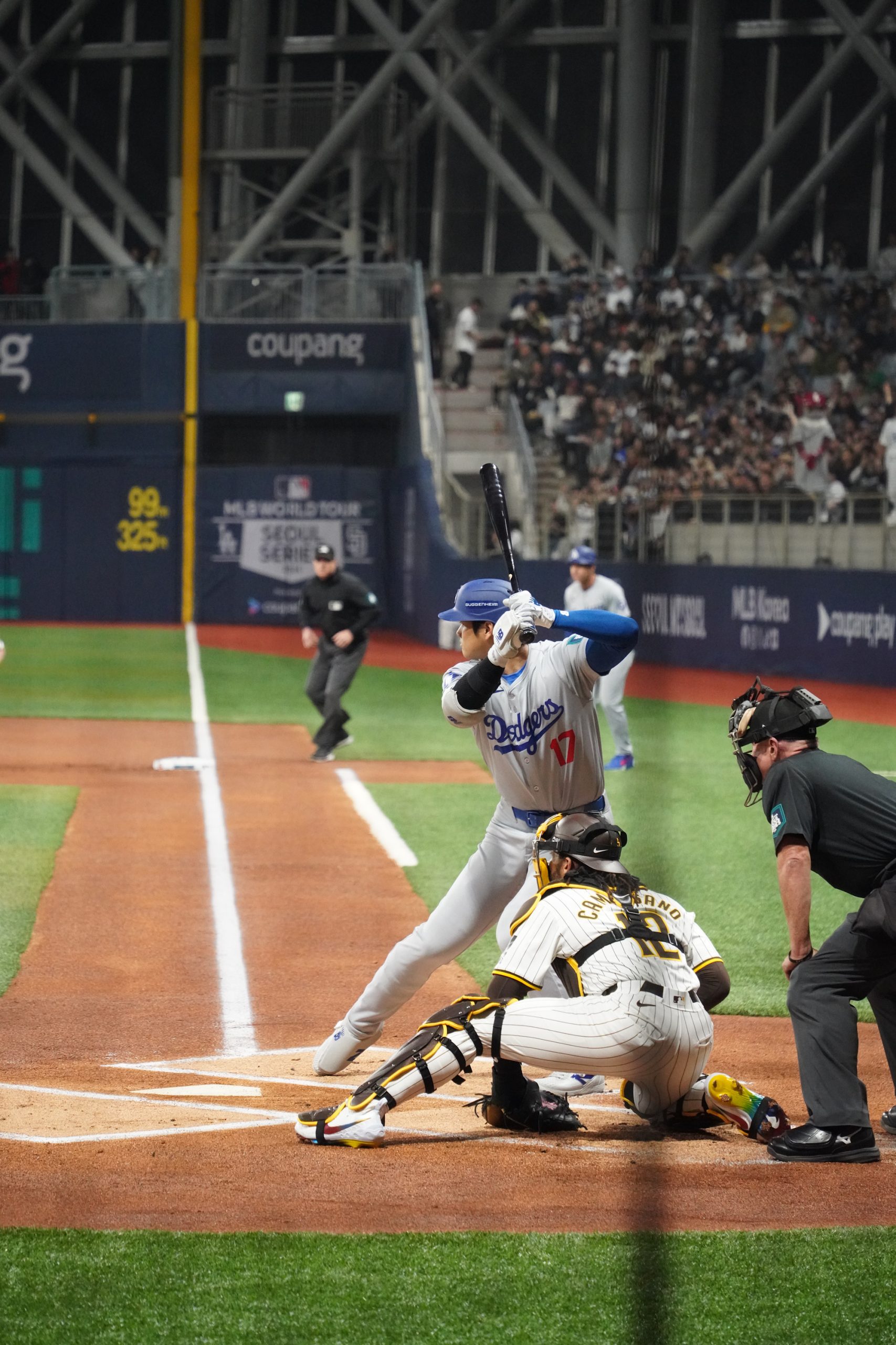 Shohei Ohtani of the Los Angeles Dodgers at bat during a baseball game.