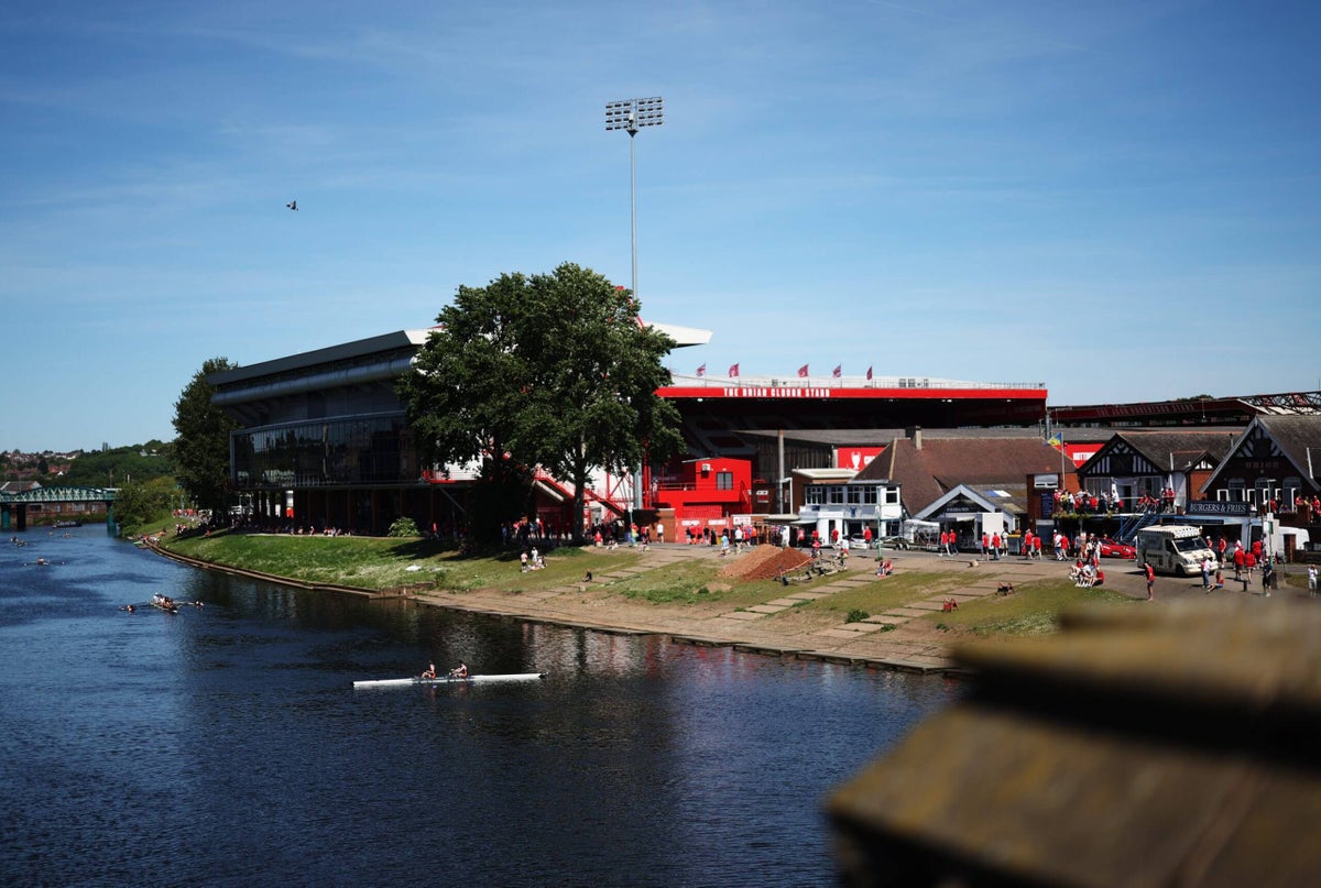 Exterior view of Nottingham Forest's City Ground stadium.