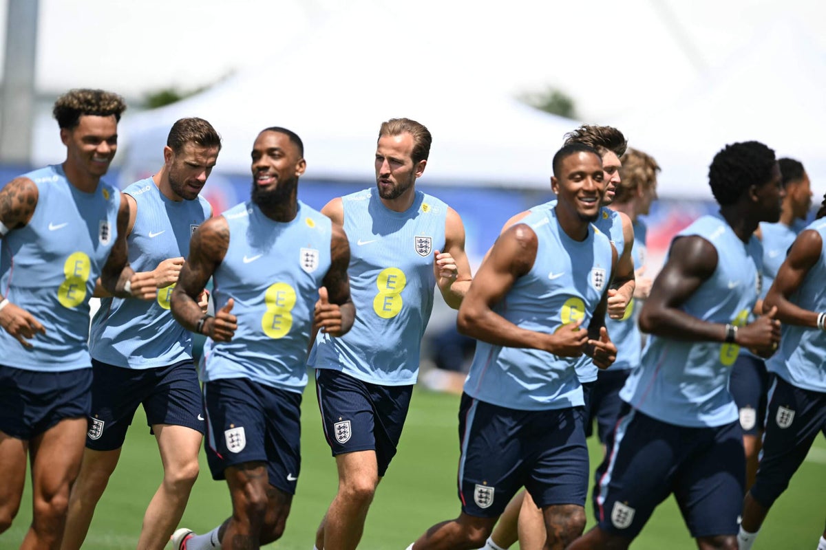 England national football team players training on a sunny field in Miami.