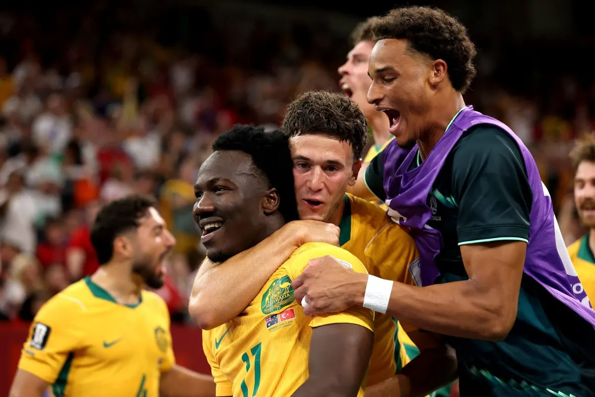 Nestory Irankunda celebrates scoring Australia's first goal against Turkey at the World Cup 2026.