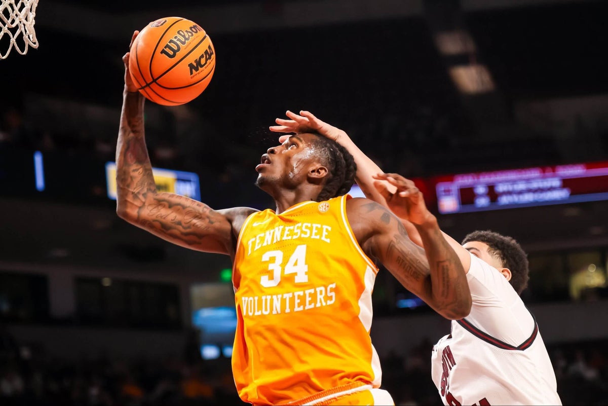 Felix Okpara, a University of Tennessee player, in action on the basketball court.