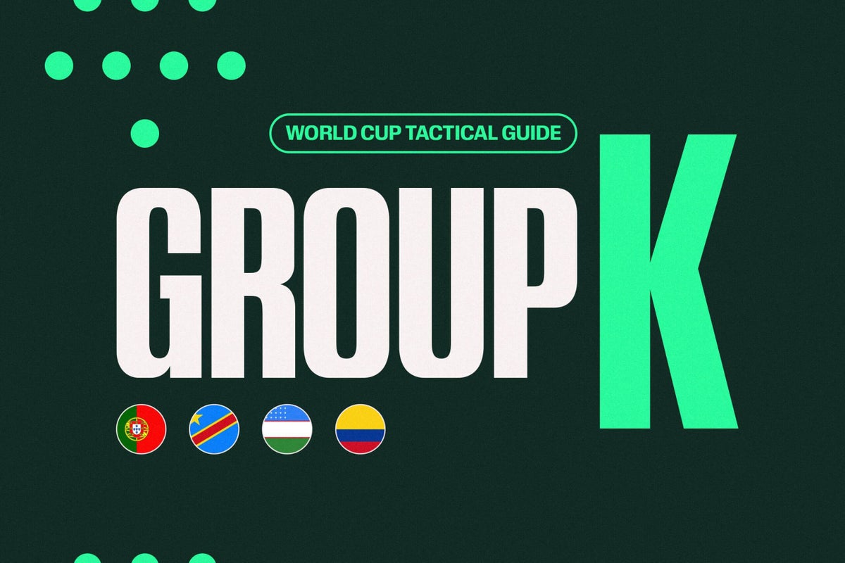 Graphic showing the official 2026 FIFA World Cup logo alongside the national flags of Portugal, Colombia, DR Congo, and Uzbekistan.