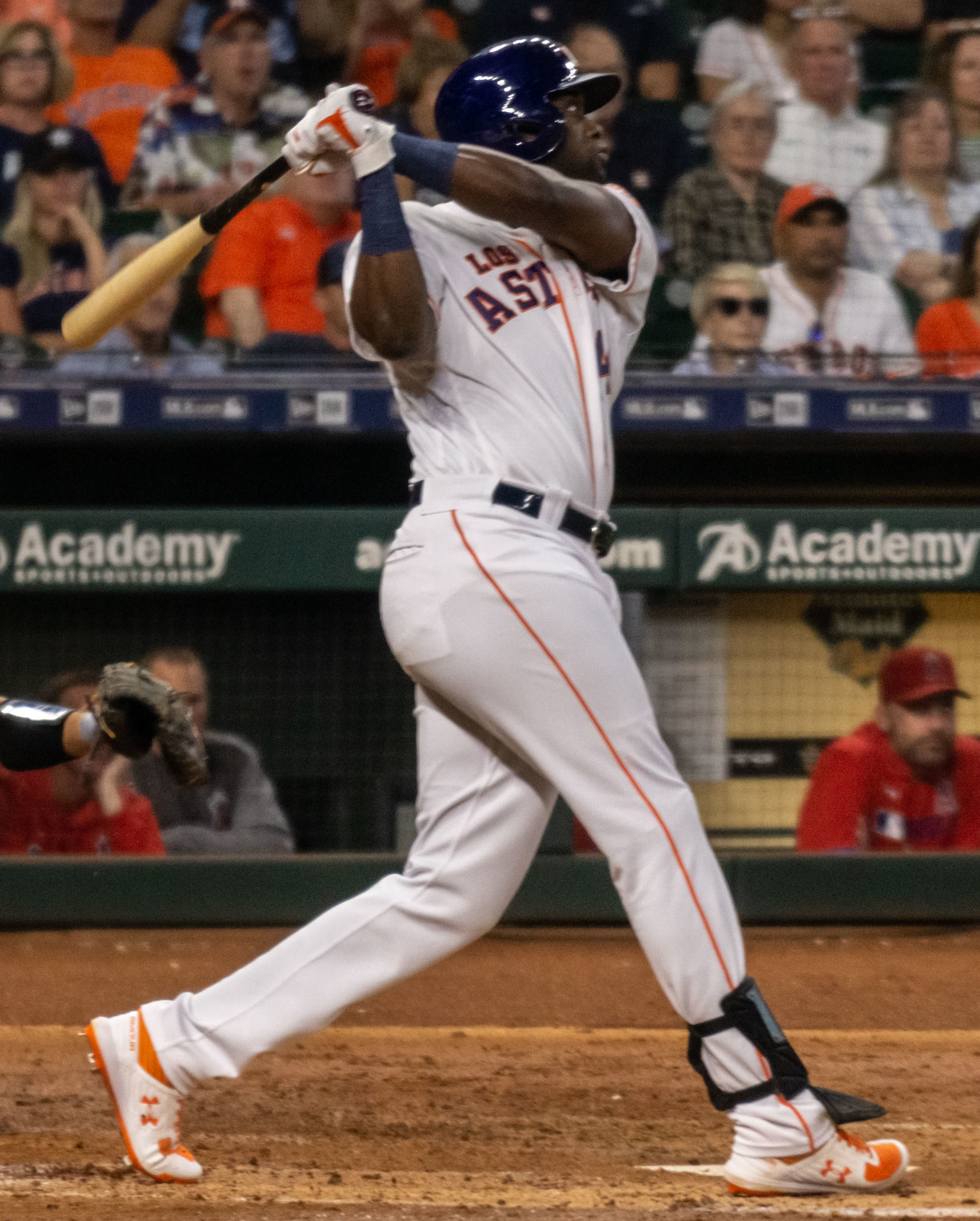 Yordan Alvarez in a Houston Astros uniform at bat during a baseball game.