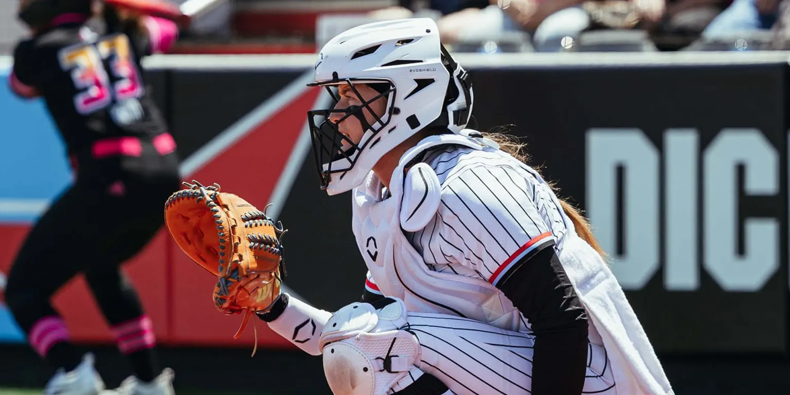 Jocelyn Erickson, catcher for the Chicago Bandits, in action during an Athletes Unlimited Softball League game.
