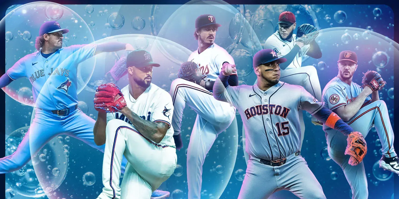 MLB players in action with a baseball trade deadline graphic overlay