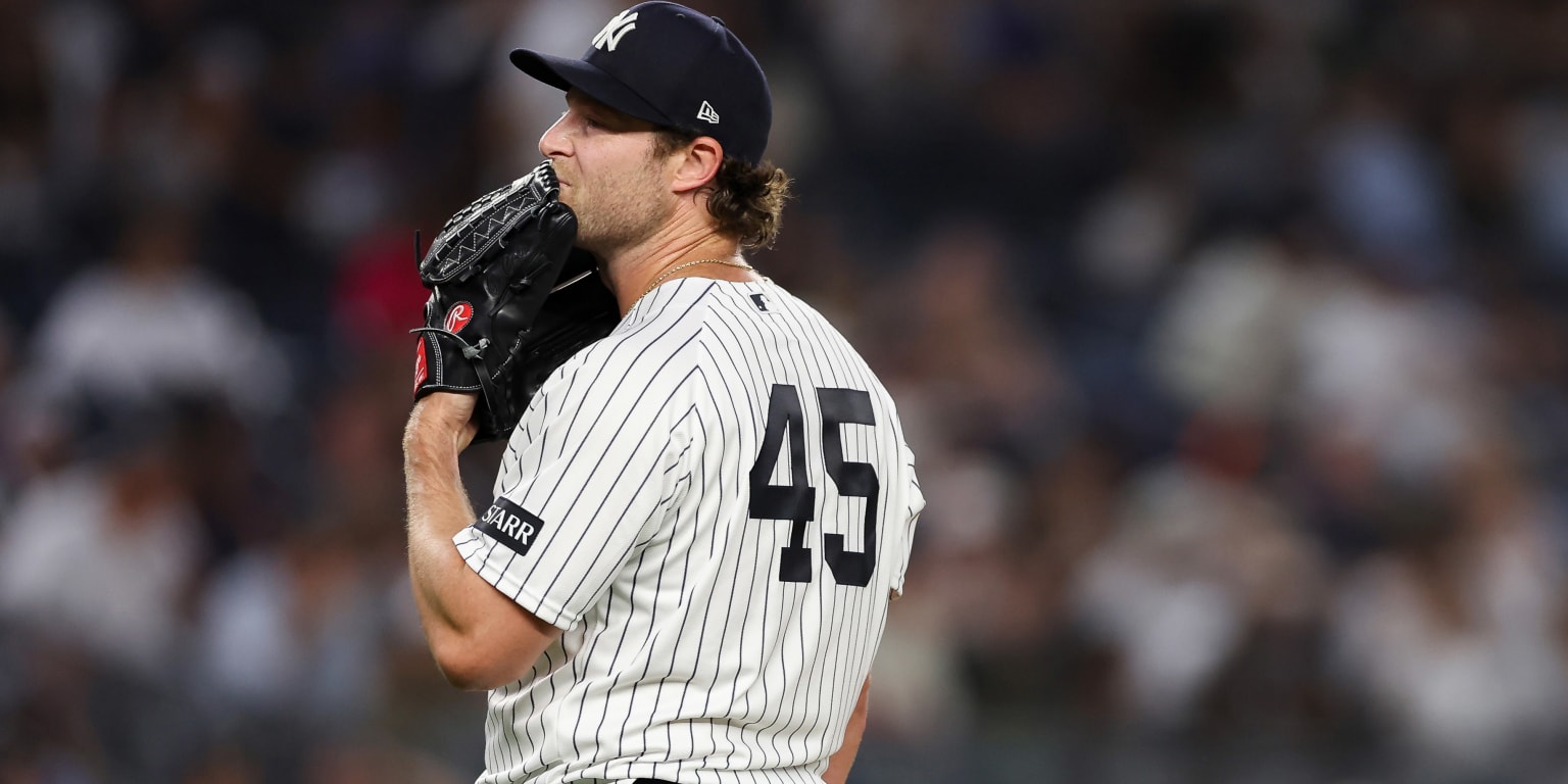 New York Yankees pitcher Gerrit Cole on the mound during a game.