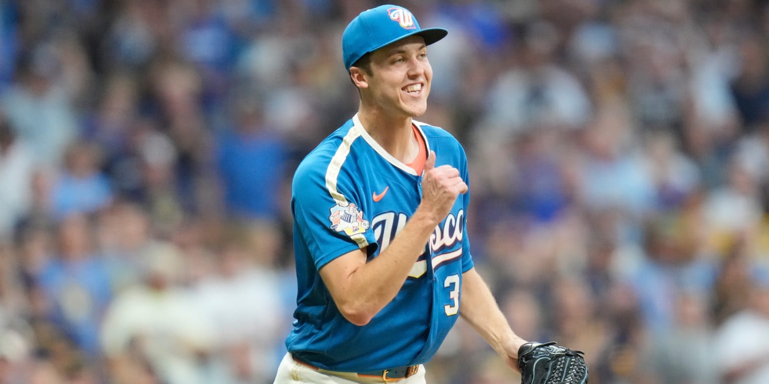 Jacob Misiorowski, pitcher for the Milwaukee Brewers, delivers a pitch during a game.