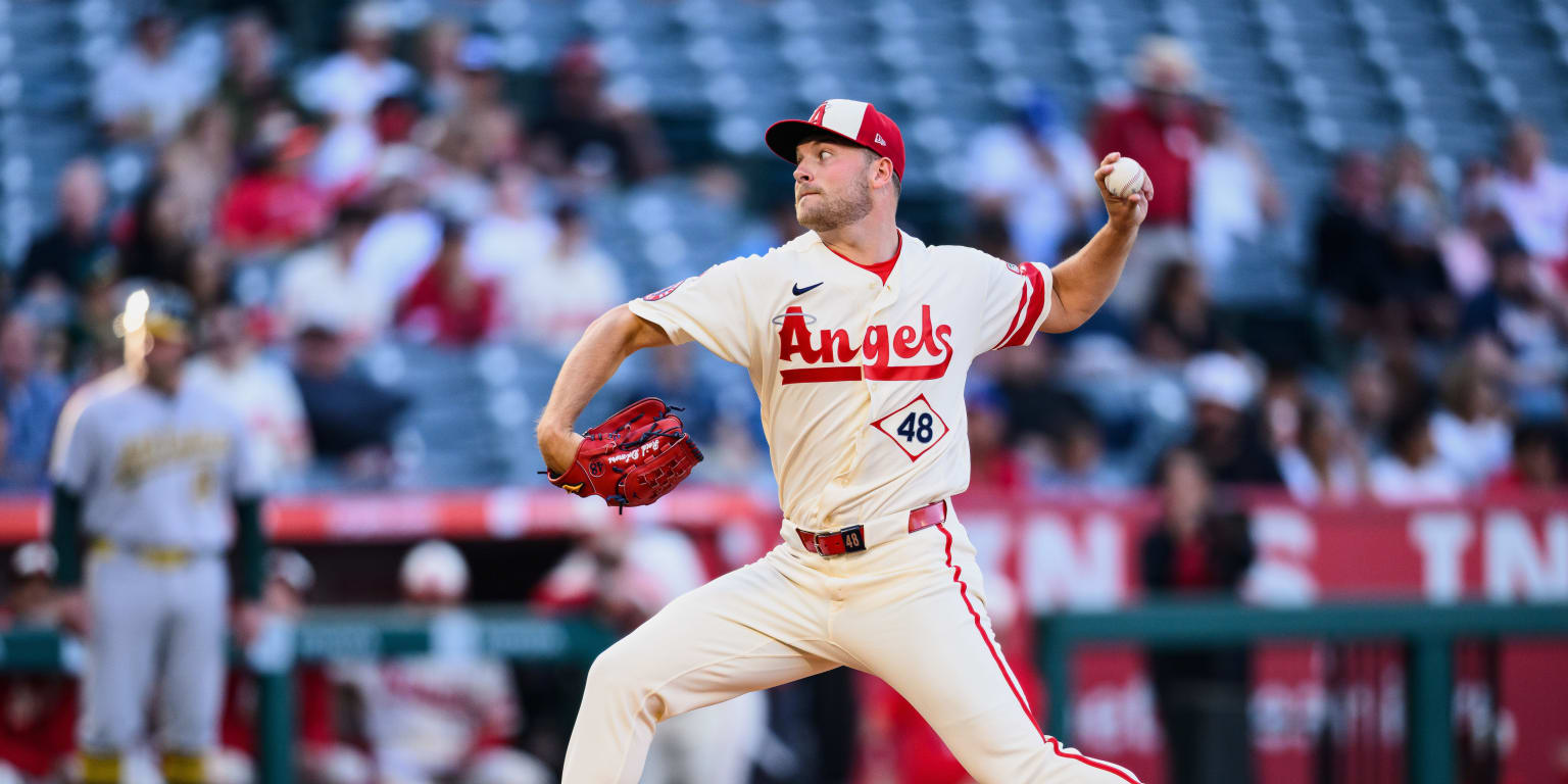 Los Angeles Angels pitcher Reid Detmers in action during a baseball game.
