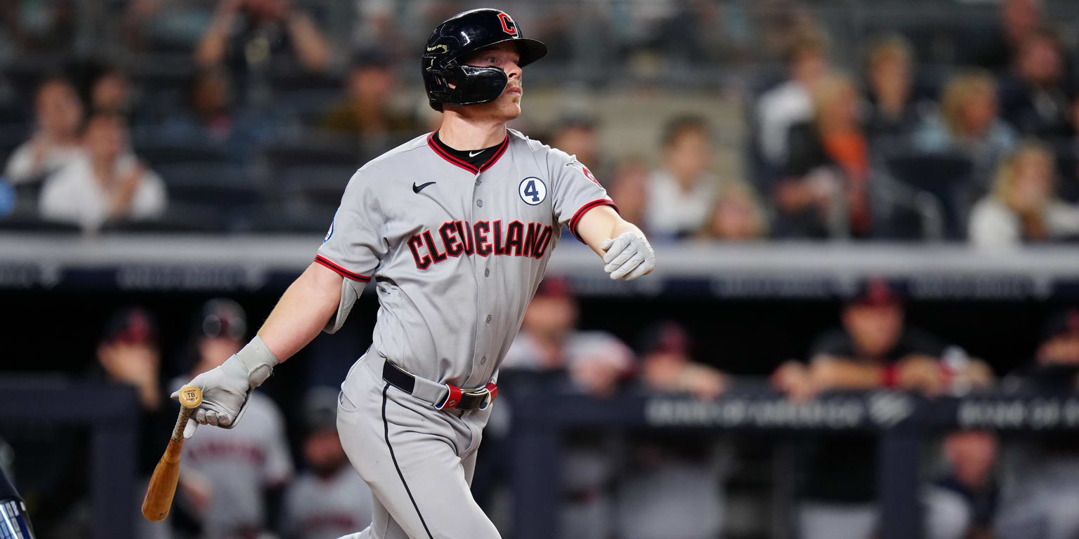 Cleveland Guardians player Travis Bazzana at bat during a game at Yankee Stadium.