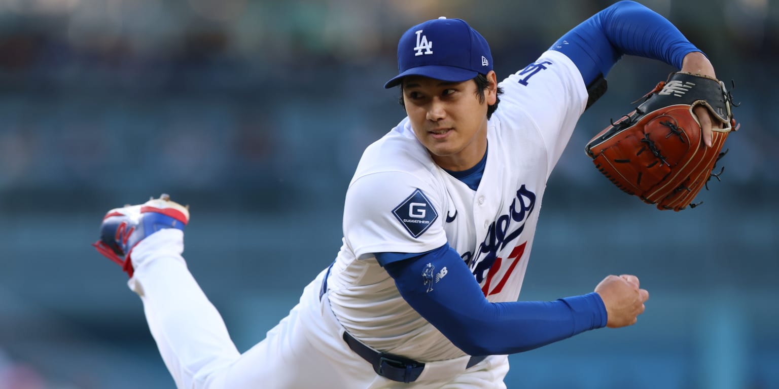 Shohei Ohtani in his Los Angeles Dodgers uniform on the pitcher's mound.