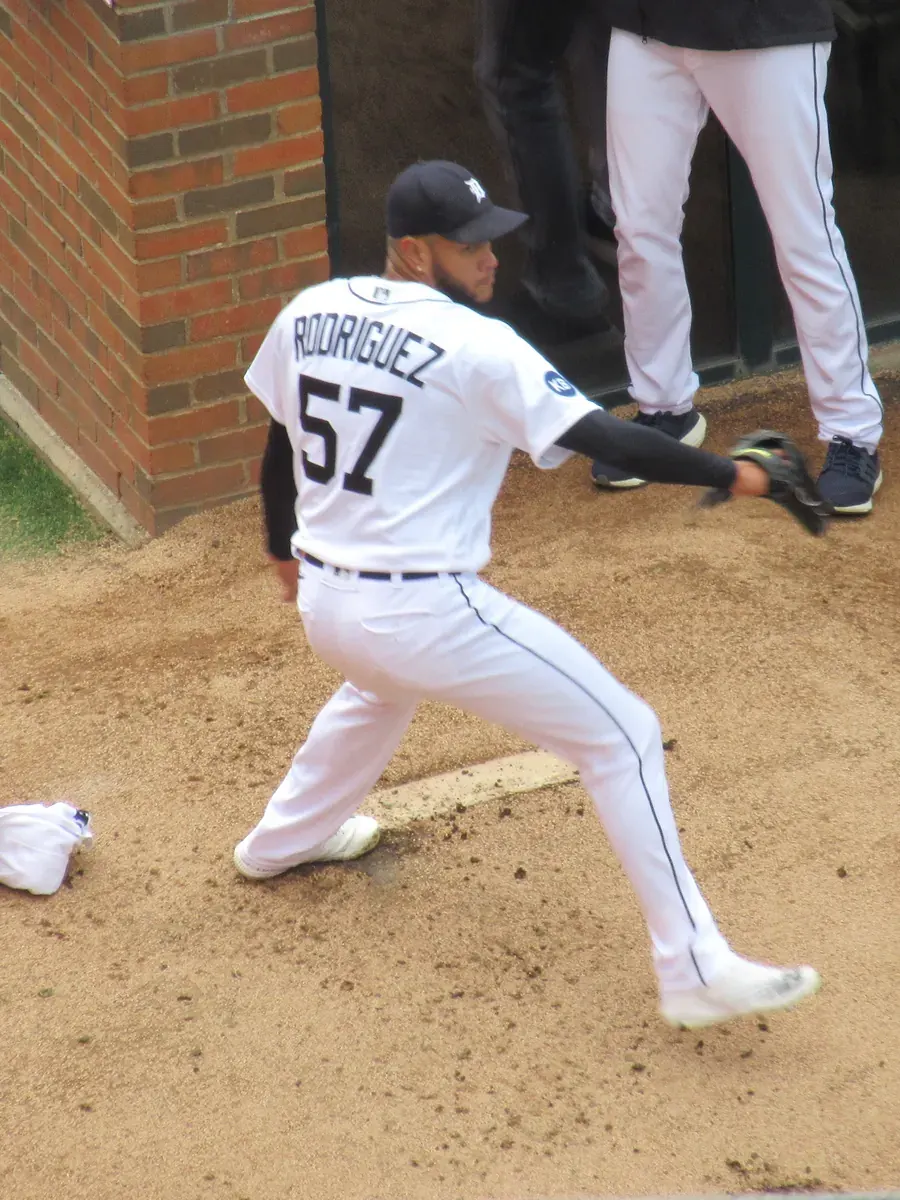 Detroit Tigers relief pitcher throws a warm-up pitch in the bullpen during a regular-season game at Comerica Park