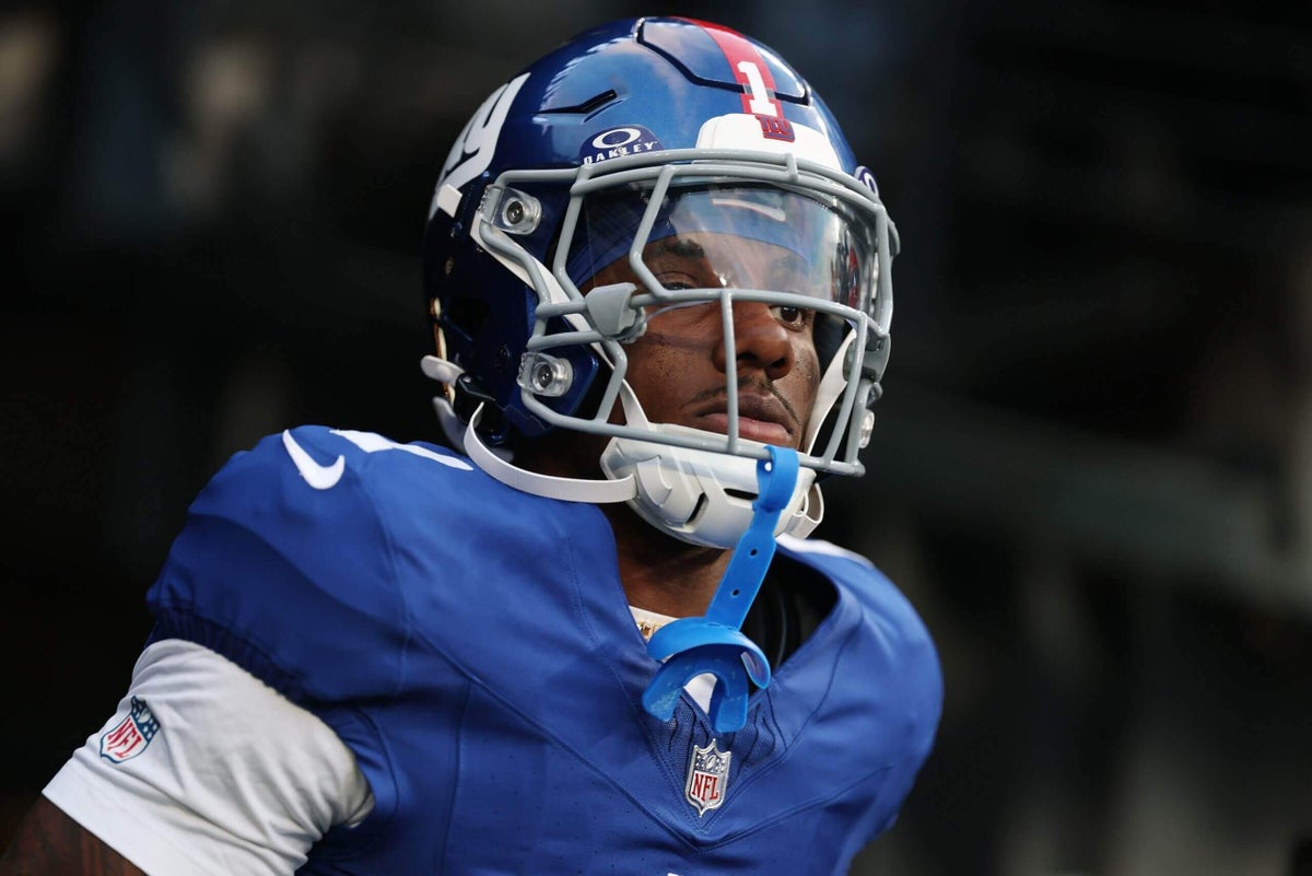 New York Giants wide receiver Malik Nabers during a training camp drill in 2026, not yet fully cleared for contact