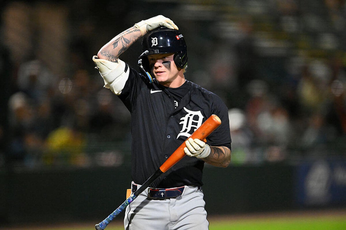 Max Clark, Detroit Tigers outfield prospect, batting during a Triple-A game in July 2026