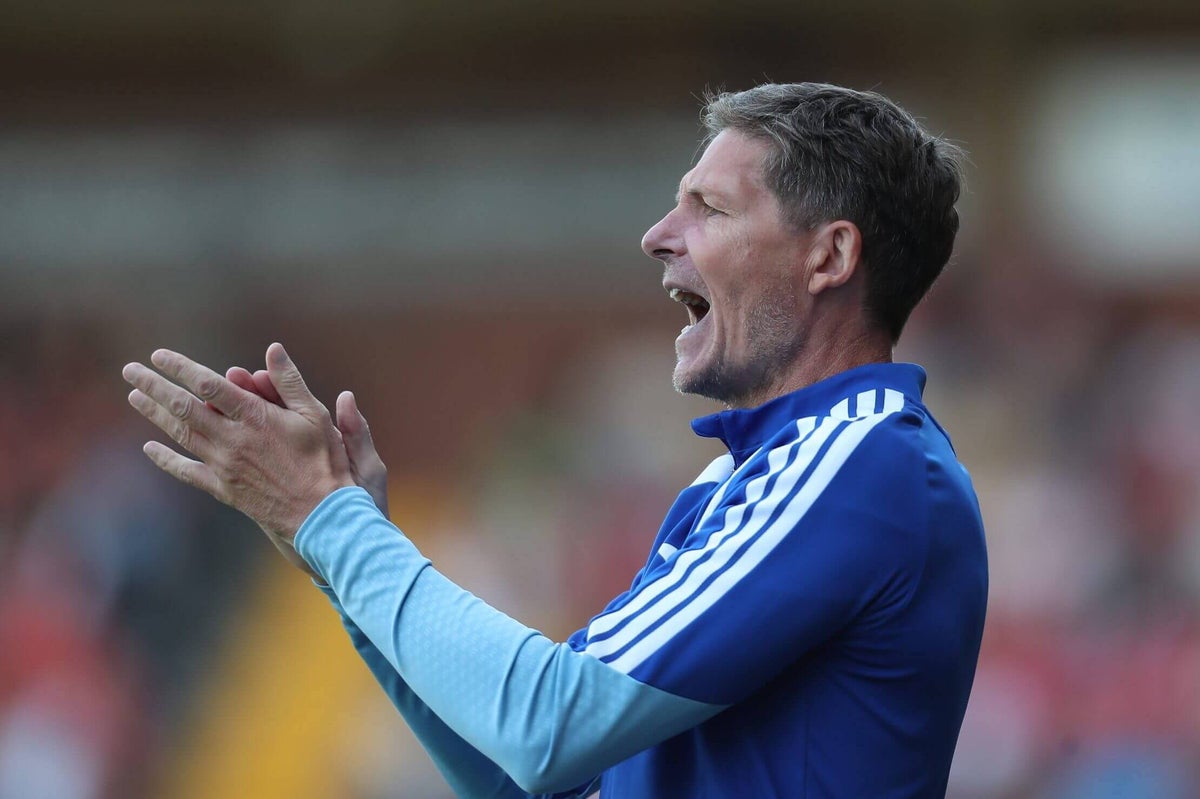 Oliver Glasner, the new head coach of Nottingham Forest, gestures from the sidelines during a pre-season friendly match.