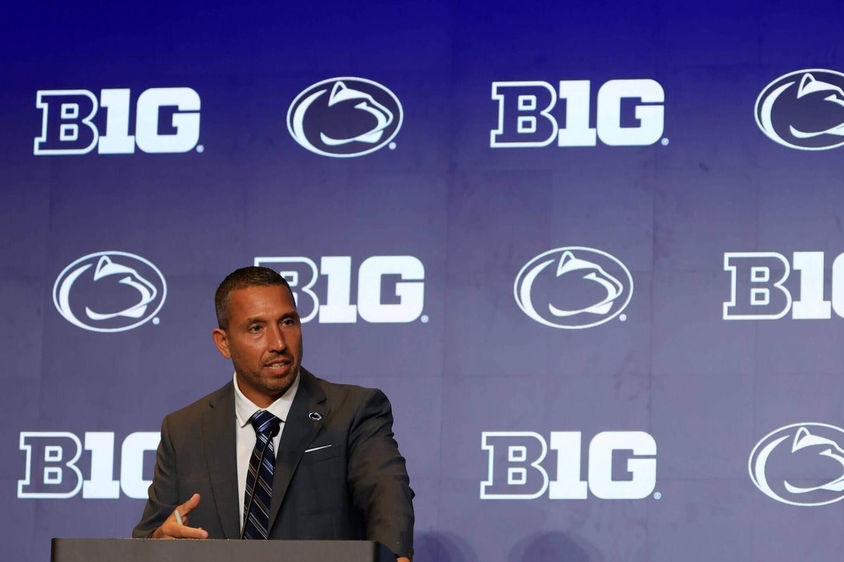 Matt Campbell, Penn State head football coach, speaking at Big Ten media day in Chicago on July 29, 2026