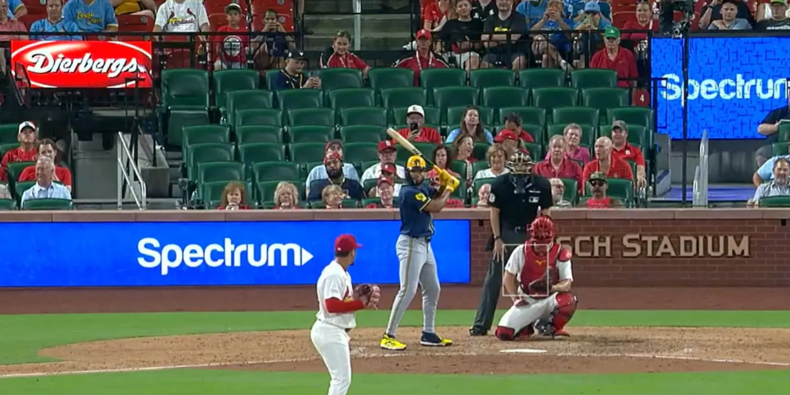 Milwaukee Brewers outfielder Jackson Chourio at bat, swinging from the left side of the plate.