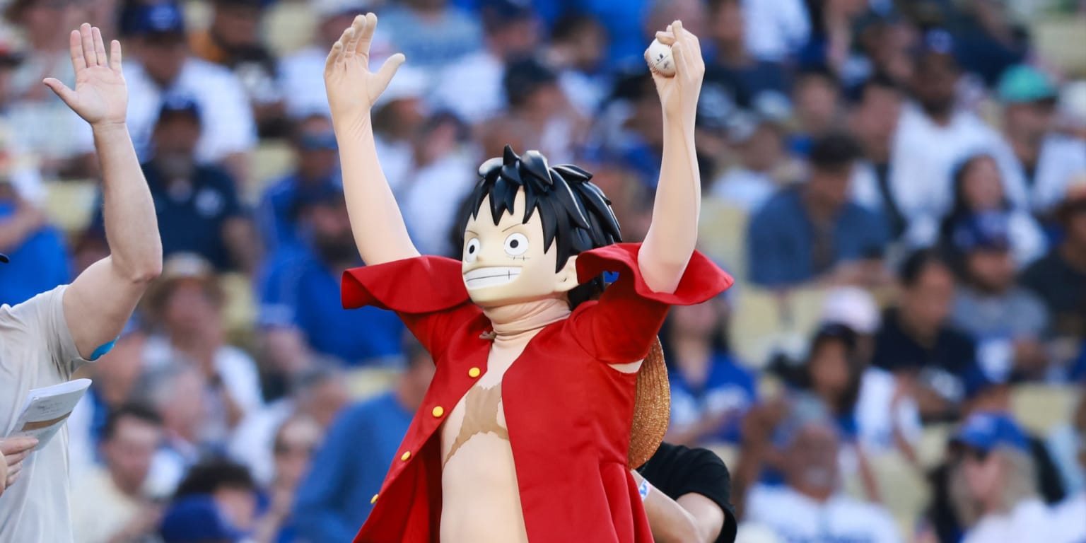 Monkey D. Luffy, the protagonist of One Piece, on the pitcher's mound at Dodger Stadium.