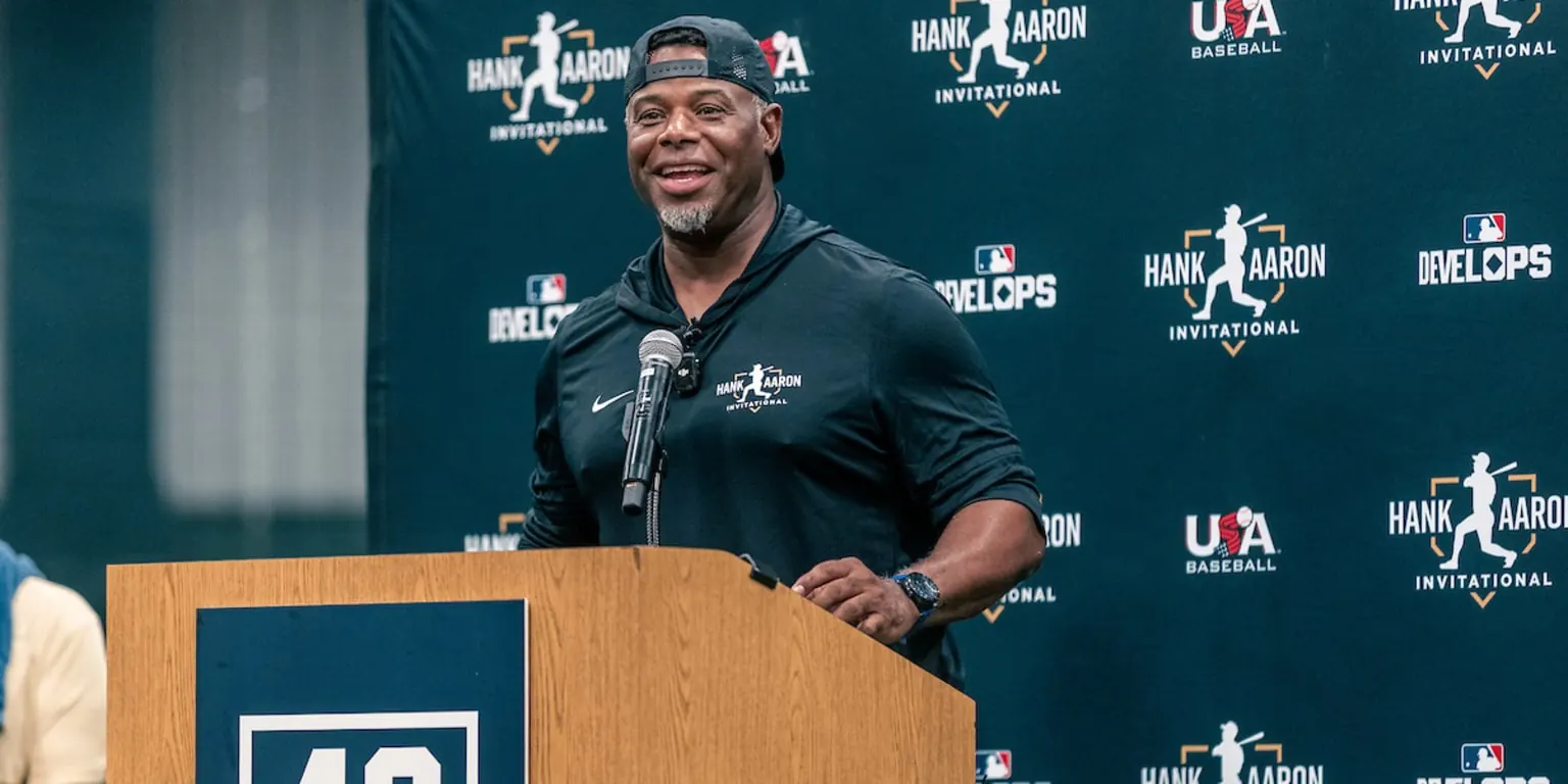 Ken Griffey Jr. addresses high school baseball players during the Hank Aaron Invitational at the Jackie Robinson Training Complex