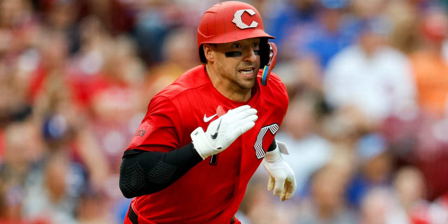 Spencer Steer of the Cincinnati Reds reacts after an awkward swing during a game against the St. Louis Cardinals at Busch Stadium