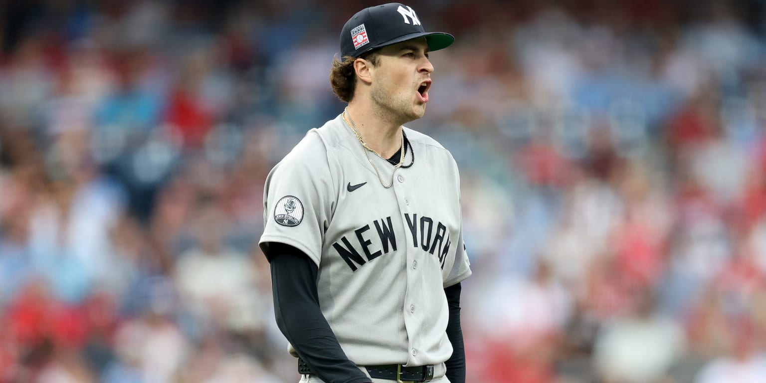 New York Yankees pitcher Cam Schlittler delivers a pitch during his 12-strikeout performance against the Philadelphia Phillies at Citizens Bank Park.