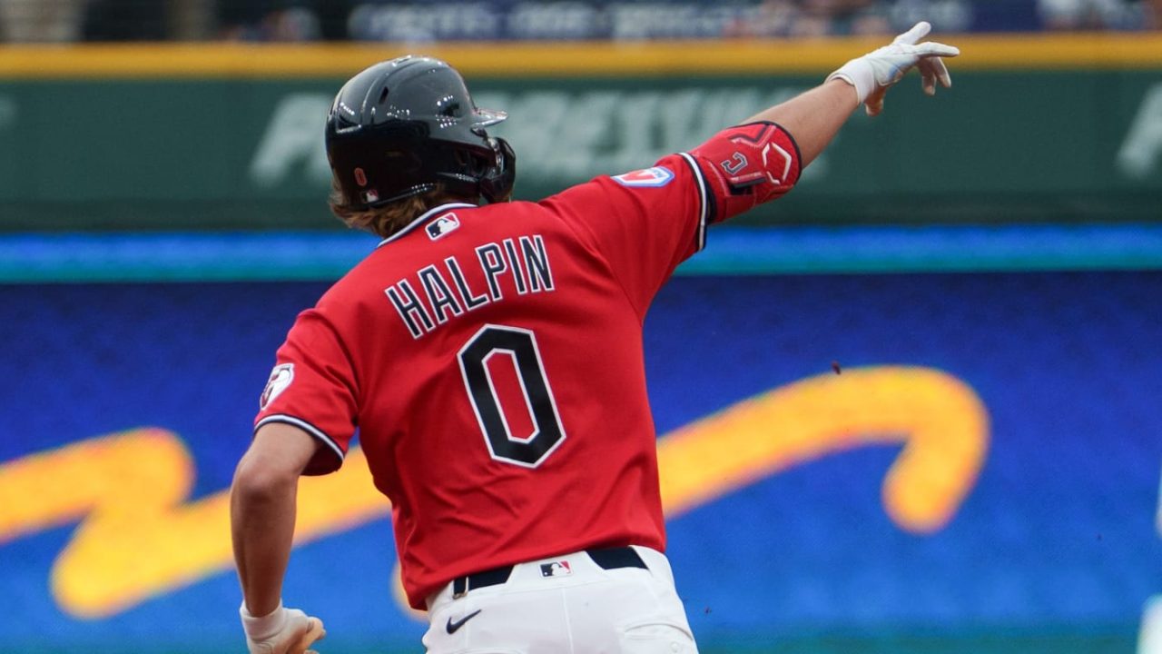Petey Halpin celebrates first MLB homer with a playful slap in Guardians dugout