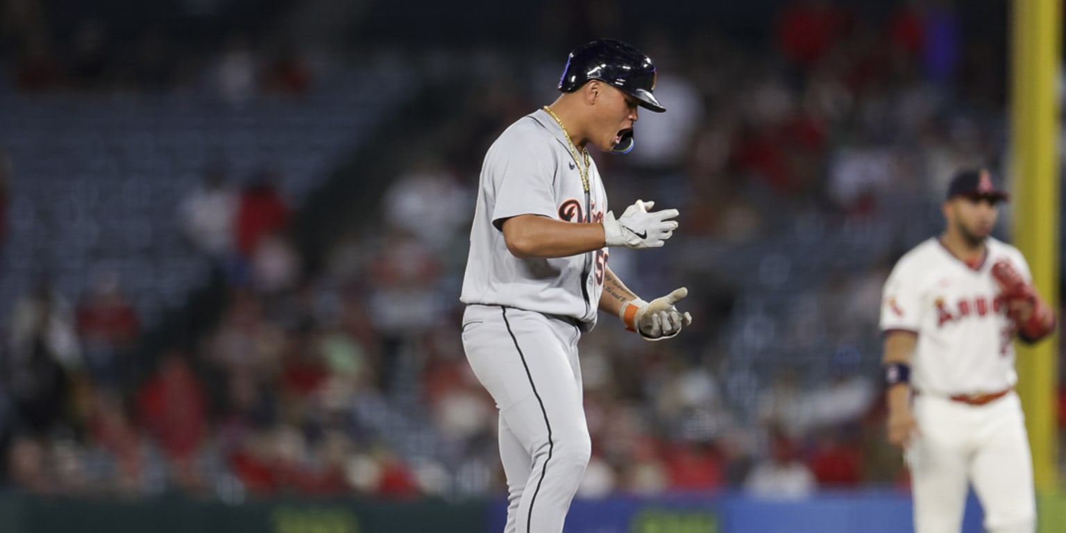 A baseball player for the Detroit Tigers at bat during a game.