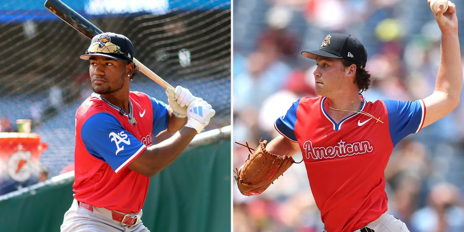 Oakland Athletics top prospects Leo De Vries (shortstop) and Jamie Arnold (pitcher) in Double-A Midland uniforms