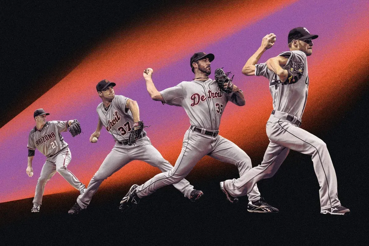 Action shot of MLB pitchers Max Scherzer and Justin Verlander during a Major League Baseball game.