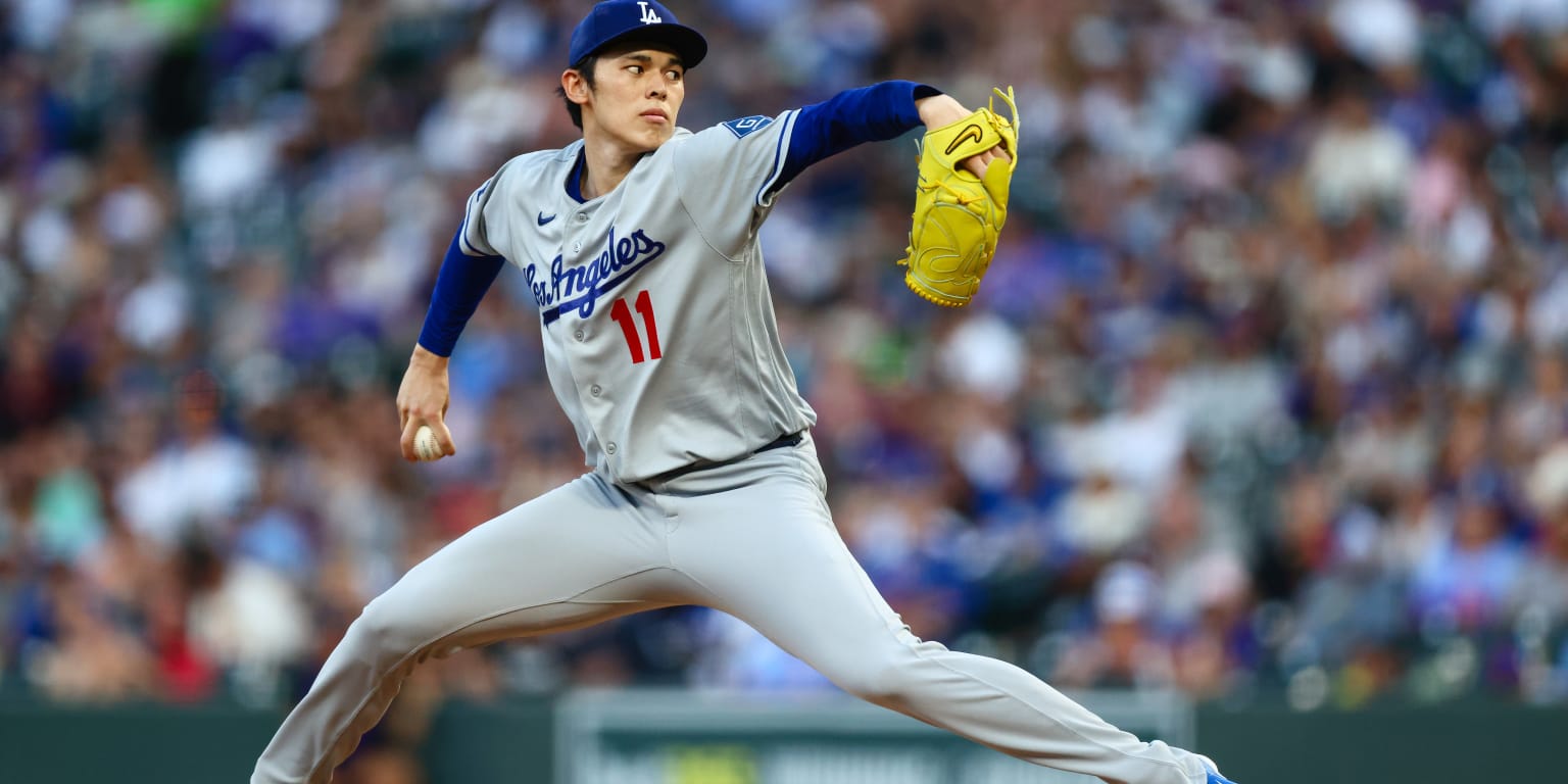 Roki Sasaki delivers a pitch during the Los Angeles Dodgers’ game against the Colorado Rockies at Coors Field