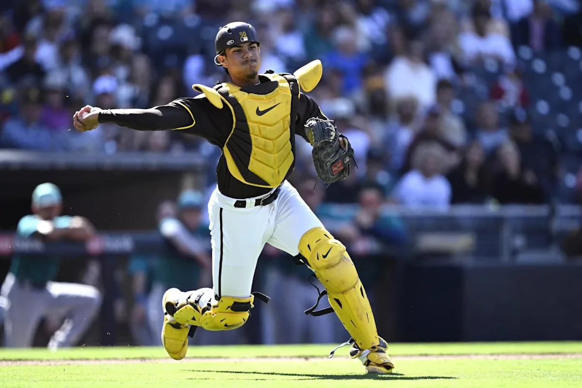 San Diego Padres catcher Ethan Salas (8) walks to the mound during the seventh inning against the New York Yankees at Petco Park on September 5, 2026.