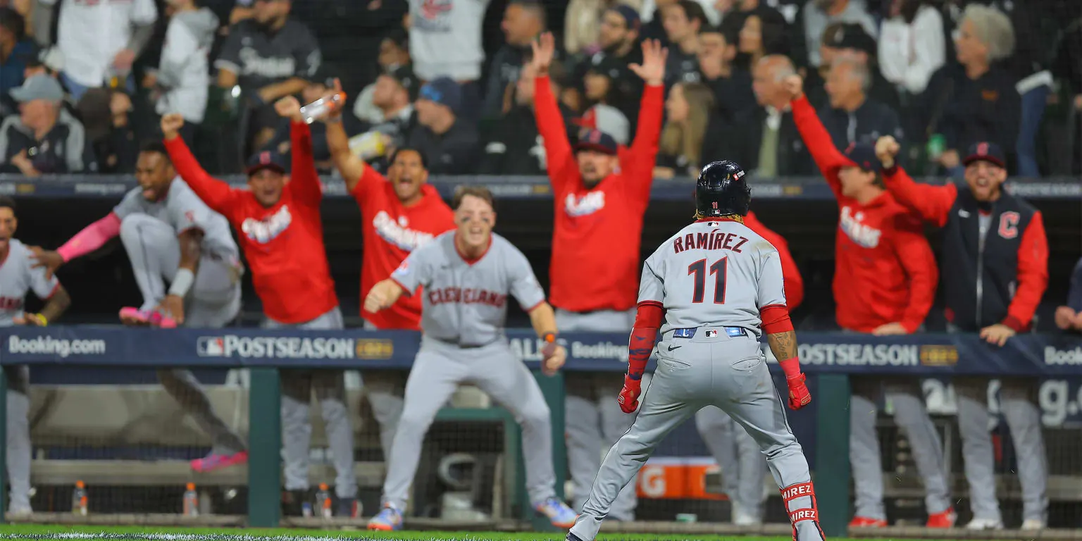 Guardians players celebrate their six-run sixth inning that led to a 9-5 win over the White Sox in ALDS Game 4 at Rate Field