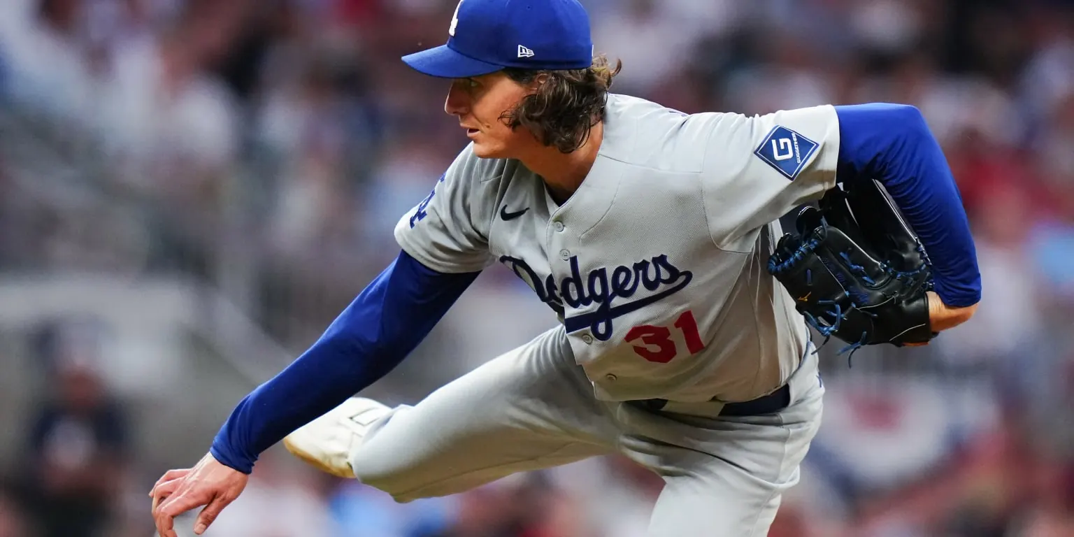 Dodgers pitcher Tyler Glasnow throws from the mound during NLDS Game 4 against the Braves in Atlanta.