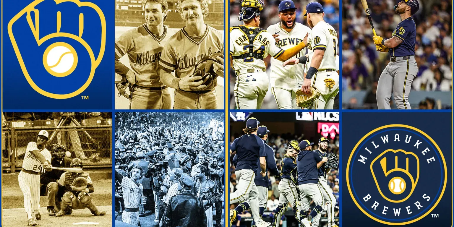 Milwaukee Brewers players in uniform celebrating their National League Championship Series victory on the field at Dodger Stadium